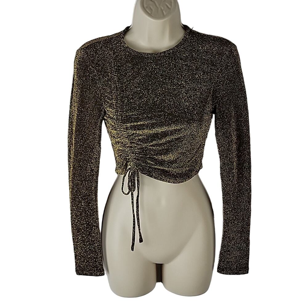 Wild Fable Black/Gold Sparkle Ruched Long Sleeve Crop Top, Size XS, NWT